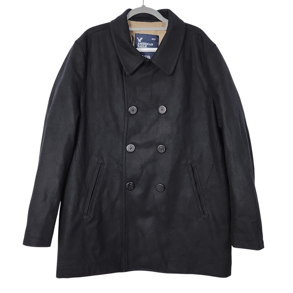 NEW American Eagle Double Breasted Wool Blend Winter Pea Coat Mens XLT Black
